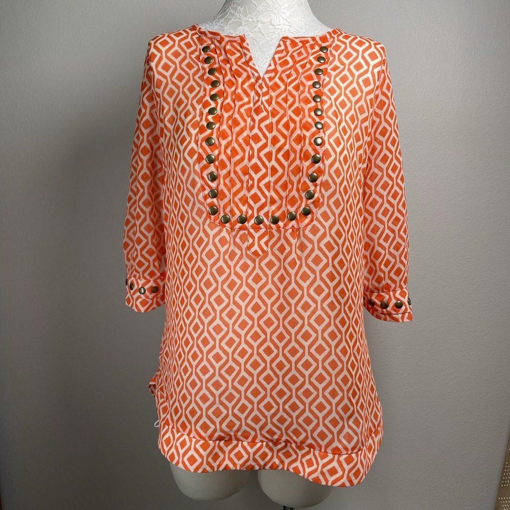 41 Hawthorn Women L Orange Blouse Boho Geometric Studded Polyester